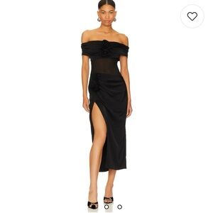 NBD Tess Maxi Dress Elegant Black Off-Shoulder Dress with Rosettes